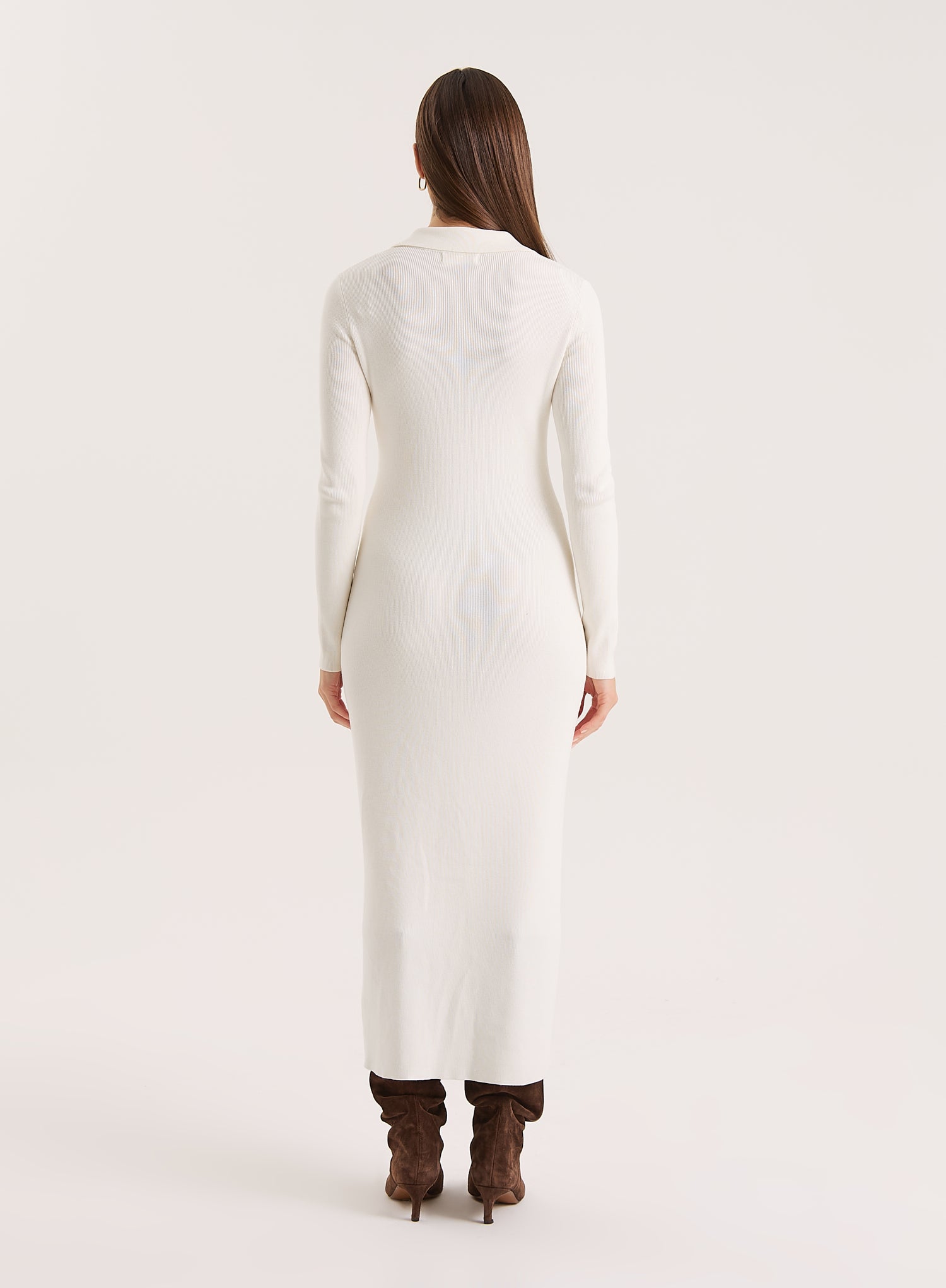 Off White Collared Button Down Knitted Dress- Taye